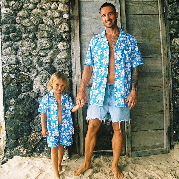 Father and Son Matching Swim Shorts Set, Navy & Aqua Whales